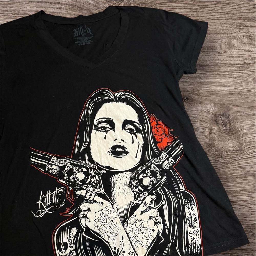 Kill It Clothing Red Roses Guns Tattooed Girl Graphic Logo T-Shirt Sz Womens XL